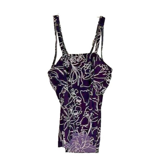 Aqua Green Swim Tankini Top Purple Cream Tropical Print Beach Resortwear M - Picture 2 of 6